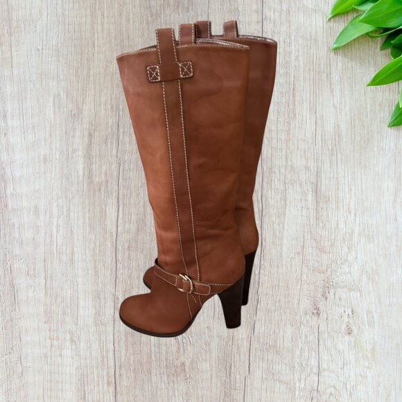 Lauren Ralph Lauren Honey Brown Valora Pull On Buckle Mid Calf Stacked Heel Boot - Picture 8 of 11